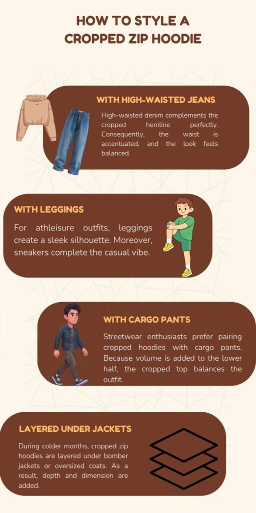Infographic showing four ways to style a cropped zip hoodie: with high-waisted jeans, with leggings, with cargo pants, and layered under jackets, each with a small illustration.