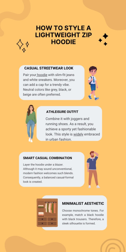 Lightweight Zip Hoodie for Everyday Casual Comfort 4 An infographic on a warm orange background showing four style options for a lightweight zip hoodie. The sections are labeled Casual Streetwear Look, Athleisure Outfit, Smart Casual Combination, and Minimalist Aesthetic, each with short styling tips and small illustrations of people and clothing.