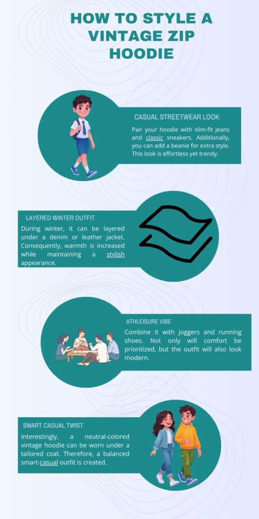 Vintage Zip Hoodie: Classic Retro Streetwear Style 4 An infographic titled โHow to Style a Vintage Zip Hoodieโ with four circular-green sections showing different outfits: (1) a cartoon boy in a white shirt, tie, blue hoodie, and shorts; (2) an abstract graphic of folded fabric; (3) a group of people sitting and chatting; (4) a cartoon couple in stylish outfits. Each section includes a brief caption about a styling idea: Casual Streetwear Look, Layered Winter Outfit, Athleisure Vibe, and Smart Casual Twist.