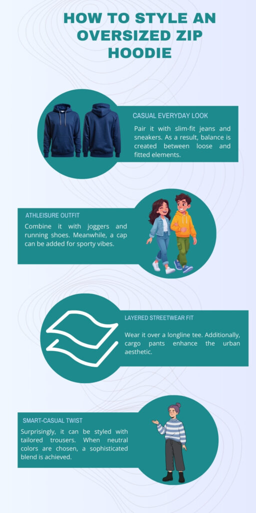 A vertically arranged infographic titled “How to Style an Oversized Zip Hoodie.” It features four circular illustration panels with teal shapes. Each panel showcases a different styling idea: (1) Casual Everyday Look with two hoodies; (2) Athleisure Outfit with two people in joggers and sneakers; (3) Layered Streetwear Fit with a simple abstract icon; (4) Smart-Casual Twist with a person in a striped shirt and trousers. Each panel includes a teal caption box with styling tips.
