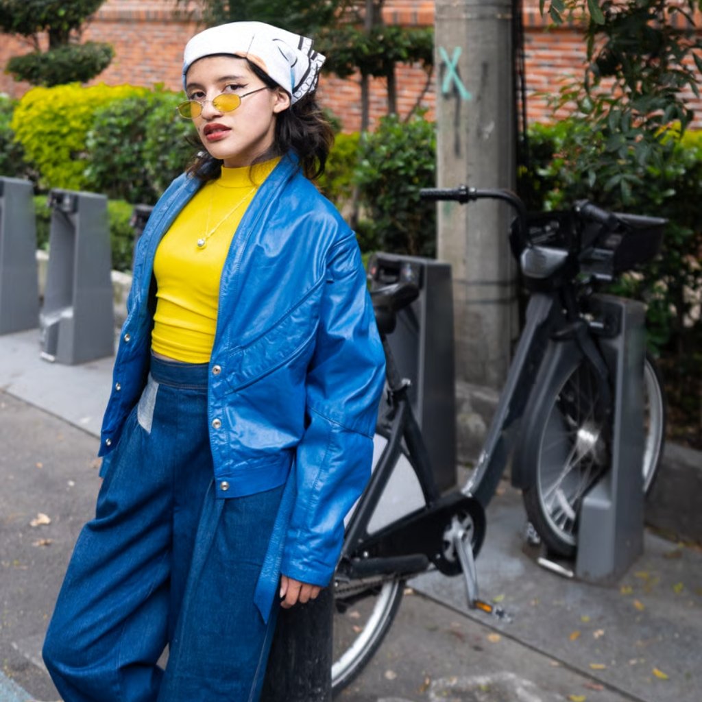 Ultimate Bicycle Rain Jacket for All-Weather Cycling Gear 5 A stylish woman wearing a yellow top and blue outfit stands beside a parked electric bike on a city street, wearing a blue rain jacket and a white headscarf.
