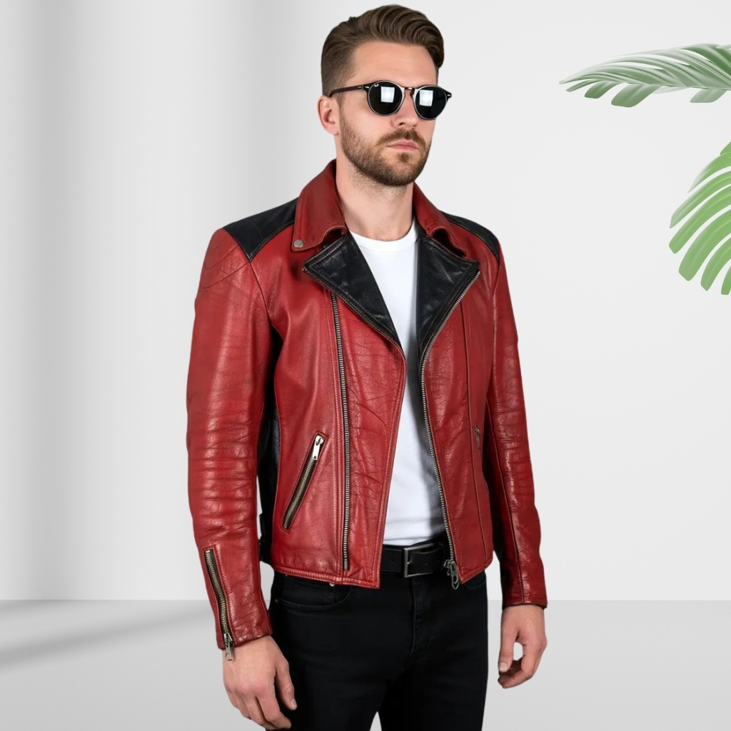 Two-Tone Leather Jacket for Bold Modern Everyday Street Style 8 A man wearing a red and black two-tone leather motorcycle jacket, white t-shirt, black jeans, and black sunglasses, standing indoors with a palm frond in the background.
