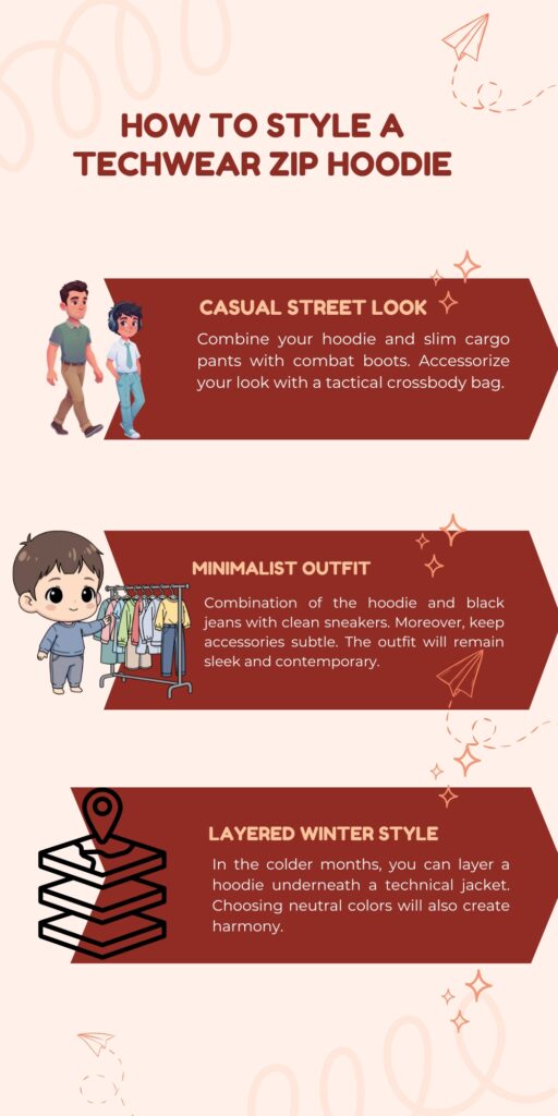 An infographic showing three ways to style a Techwear Zip Hoodie: Casual Street Look (hoodie with cargo pants and combat boots, crossbody bag), Minimalist Outfit (hoodie with black jeans and clean sneakers), and Layered Winter Style (hoodie under a technical jacket with neutral colors).