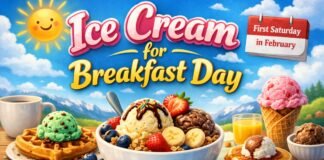 Ice Cream for Breakfast Day: Celebrate a Sweet Morning Treat A bright, cheerful poster for Ice Cream for Breakfast Day. In the foreground, a variety of breakfast items topped with ice cream—waffle with green ice cream, a bowl of mixed ice cream with berries and banana, a stack of pancakes with ice cream, and an ice cream cone. A calendar shows “First Saturday in February” while a sunny blue sky with fluffy clouds and a smiling sun provides a joyful backdrop.