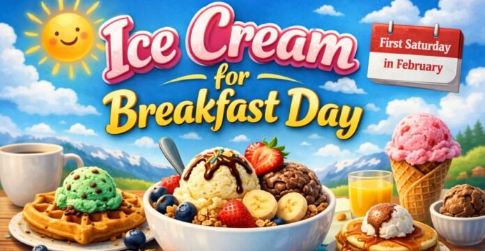 A bright, cheerful poster for Ice Cream for Breakfast Day. In the foreground, a variety of breakfast items topped with ice cream—waffle with green ice cream, a bowl of mixed ice cream with berries and banana, a stack of pancakes with ice cream, and an ice cream cone. A calendar shows “First Saturday in February” while a sunny blue sky with fluffy clouds and a smiling sun provides a joyful backdrop.