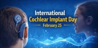 International Cochlear Implant Day: Importance & Awareness A blue-themed banner for International Cochlear Implant Day showing the back of a person wearing a cochlear implant on the left and a side profile of another person on the right, with stylized sound waves and heart shapes in the background. International Cochlear Implant Day