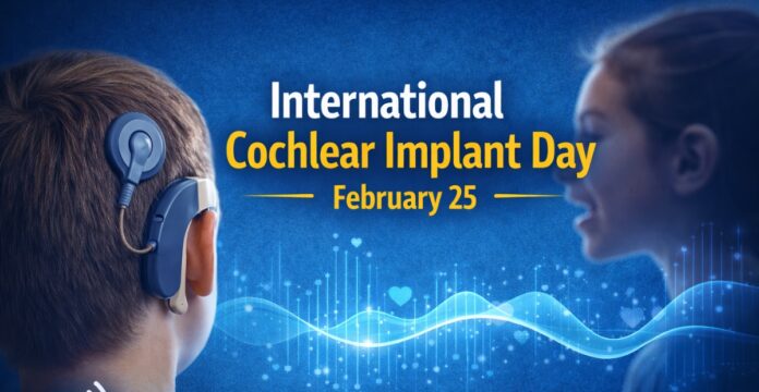 A blue-themed banner for International Cochlear Implant Day showing the back of a person wearing a cochlear implant on the left and a side profile of another person on the right, with stylized sound waves and heart shapes in the background. International Cochlear Implant Day