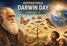 International Darwin Day: Importance of Charles Darwin A promotional image featuring Charles Darwin with a long white beard on the left, a DNA double helix in the background, a colorful tree of life with various animals and a bright butterfly, a microscope on the right, and the Earth in the distance. The text reads “INTERNATIONAL DARWIN DAY February 12” at the top. International Darwin Day