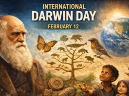 A promotional image featuring Charles Darwin with a long white beard on the left, a DNA double helix in the background, a colorful tree of life with various animals and a bright butterfly, a microscope on the right, and the Earth in the distance. The text reads “INTERNATIONAL DARWIN DAY February 12” at the top. International Darwin Day