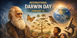 International Darwin Day: Importance of Charles Darwin A promotional image featuring Charles Darwin with a long white beard on the left, a DNA double helix in the background, a colorful tree of life with various animals and a bright butterfly, a microscope on the right, and the Earth in the distance. The text reads “INTERNATIONAL DARWIN DAY February 12” at the top. International Darwin Day