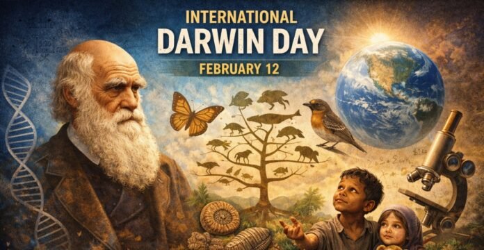 A promotional image featuring Charles Darwin with a long white beard on the left, a DNA double helix in the background, a colorful tree of life with various animals and a bright butterfly, a microscope on the right, and the Earth in the distance. The text reads “INTERNATIONAL DARWIN DAY February 12” at the top. International Darwin Day