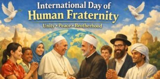 International Day of Human Fraternity: Promote Peace & Unity A diverse group of people from different religious and ethnic backgrounds stand together in unity, with a world map background, famous religious buildings, and two white doves symbolizing peace. The banner reads International Day of Human Fraternity with the tagline Unity • Peace • Brotherhood.