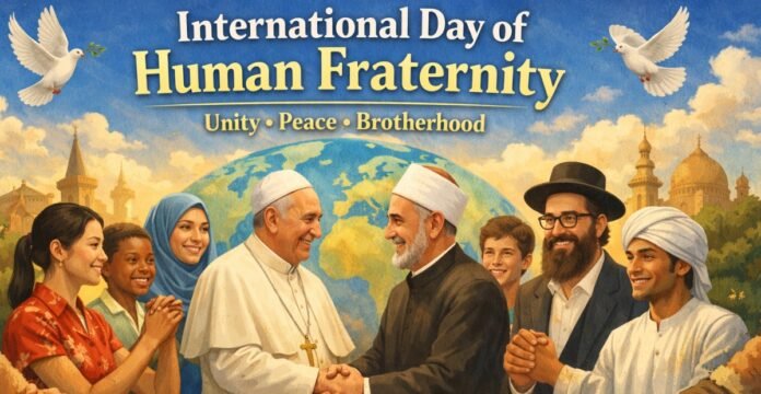 A diverse group of people from different religious and ethnic backgrounds stand together in unity, with a world map background, famous religious buildings, and two white doves symbolizing peace. The banner reads International Day of Human Fraternity with the tagline Unity • Peace • Brotherhood.