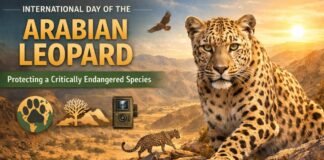 International Day of the Arabian Leopard: Protecting Species A promotional scene for the International Day of the Arabian Leopard featuring a prominently positioned Arabian leopard in a desert landscape with mountains in the background and a bright sun. A second leopard appears lower in the scene, alongside a paw print, a desert plant on a small hill, and a camera trap.