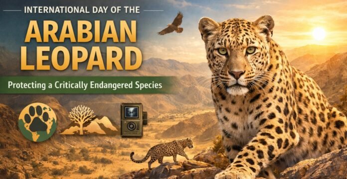 A promotional scene for the International Day of the Arabian Leopard featuring a prominently positioned Arabian leopard in a desert landscape with mountains in the background and a bright sun. A second leopard appears lower in the scene, alongside a paw print, a desert plant on a small hill, and a camera trap.