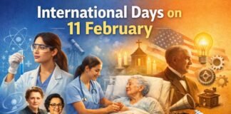 International Days on 11 February – Women in Science & More A composite illustration celebrating International Days on February 11. The left side shows a young female scientist with a test tube of blue liquid and other women in the background, with science graphics. In the center, a nurse attends to an elderly patient in a hospital bed. On the right, a portrait of a man appears with icons of the American flag, a light bulb, gears, and vintage inventions, representing science, healthcare, innovation, and cultural heritage.