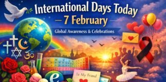 International Days Today 7 February Awareness & Celebrations A vibrant collage for International Days Today on February 7, featuring a globe, rainbow, doves, hearts, balloons, and symbols from different cultures with a dancer in a white tutu, a calendar, flowers, and a rolled envelope; the text reads “International Days Today – 7 February” and “Global Awareness & Celebrations.”