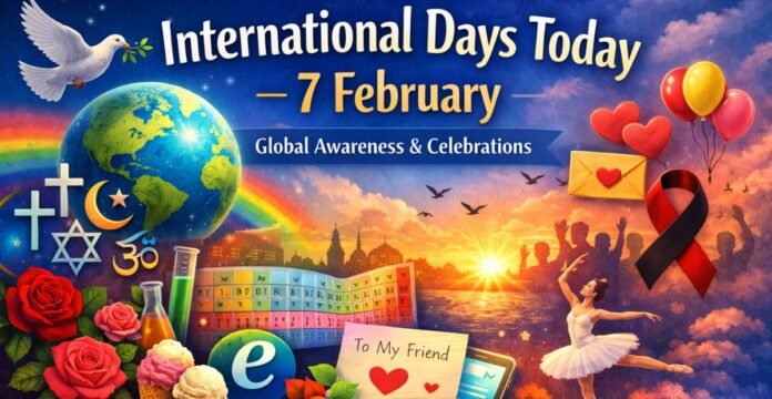 A vibrant collage for International Days Today on February 7, featuring a globe, rainbow, doves, hearts, balloons, and symbols from different cultures with a dancer in a white tutu, a calendar, flowers, and a rolled envelope; the text reads “International Days Today – 7 February” and “Global Awareness & Celebrations.”
