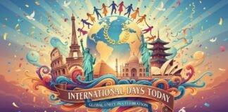 International Days Today: Awareness, Culture A vibrant illustration of global unity and celebration. A ring of people holding hands encircles the Earth, with iconic landmarks (Eiffel Tower, Statue of Liberty, Colosseum, Taj Mahal, Sydney Opera House, and a pagoda) in the background. Confetti and doves flutter around. A ribbon at the bottom reads “INTERNATIONAL DAYS TODAY” and a banner underneath says “GLOBAL UNITY IN CELEBRATION.”