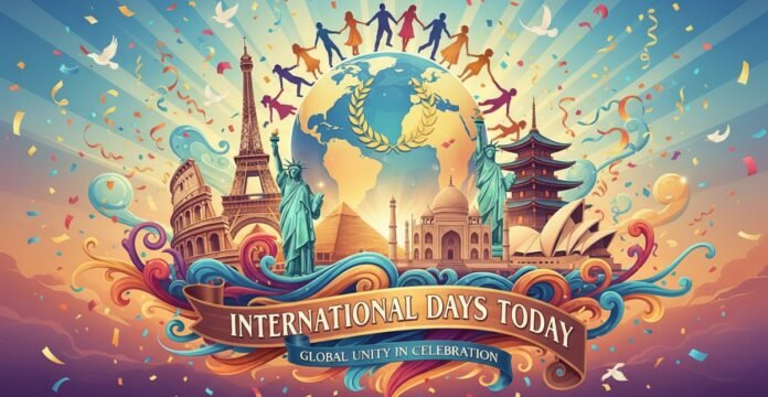 A vibrant illustration of global unity and celebration. A ring of people holding hands encircles the Earth, with iconic landmarks (Eiffel Tower, Statue of Liberty, Colosseum, Taj Mahal, Sydney Opera House, and a pagoda) in the background. Confetti and doves flutter around. A ribbon at the bottom reads “INTERNATIONAL DAYS TODAY” and a banner underneath says “GLOBAL UNITY IN CELEBRATION.”