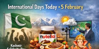 International Days Today – 5 February: Special Observances A collage-style image for International Days Today on February 5. Left side shows a Pakistani flag with silhouetted fists, center features a jar of Nutella with a slice of bread and nuts, mountains and sun in the background, and right side a man in a suit pointing at a weather map with lightning. Ganesha sits in the bottom right corner, adding a cultural element. International Days Today – 5 February