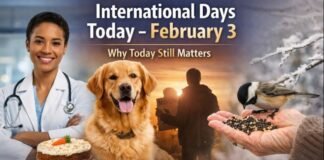International Days Today– February 3: Observances Explained A collage showing a smiling female doctor in a white coat with a stethoscope on the left, a golden retriever at the center, a person holding a “MISSING” sign against a sunset silhouette in the background, and a hand feeding seeds to a small bird on the right, with a cake in the foreground. International Days Today– February 3