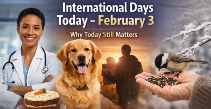 A collage showing a smiling female doctor in a white coat with a stethoscope on the left, a golden retriever at the center, a person holding a “MISSING” sign against a sunset silhouette in the background, and a hand feeding seeds to a small bird on the right, with a cake in the foreground. International Days Today– February 3