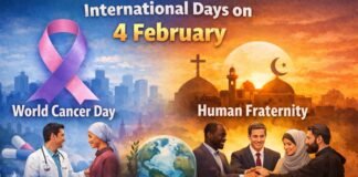 International Days on 4 February: Importance & Global Impact A vibrant collage celebrating International Days on 4 February On the left, a pink-purple World Cancer Day ribbon over a cityscape with a doctor shaking hands with a woman in a headscarf. On the right, a skyline with a cross and a crescent moon above a mosque, representing Human Fraternity. In the foreground, four people (including a woman in a headscarf) join hands around a globe, symbolizing global unity and solidarity.
