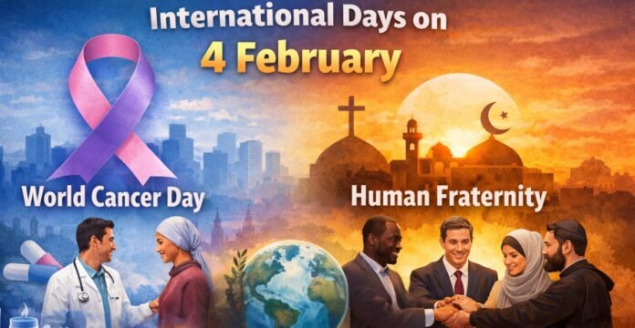 A vibrant collage celebrating International Days on 4 February On the left, a pink-purple World Cancer Day ribbon over a cityscape with a doctor shaking hands with a woman in a headscarf. On the right, a skyline with a cross and a crescent moon above a mosque, representing Human Fraternity. In the foreground, four people (including a woman in a headscarf) join hands around a globe, symbolizing global unity and solidarity.