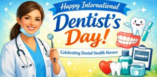 1International Dentist’s Day–Celebrating Dental Health Heroes Smiling female dentist holding a dental mirror, surrounded by dental care icons, celebrating International Dentist’s Day.