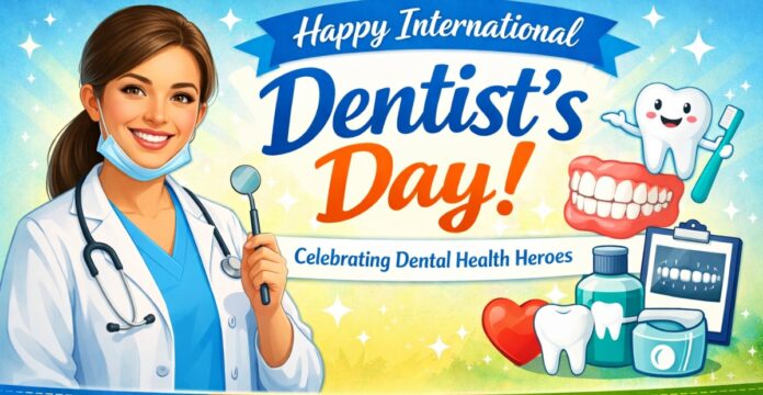 Smiling female dentist holding a dental mirror, surrounded by dental care icons, celebrating International Dentist’s Day.