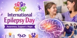 International Epilepsy Day: Awareness Facts & How to Support A promotional poster for International Epilepsy Day with a purple-toned world map background and floating purple ribbons. It features a glowing brain illustration and small images of a mother and daughter smiling, plus a man providing CPR. The text reads “International Epilepsy Day” and the subtitle “Awareness, Support & Hope.”