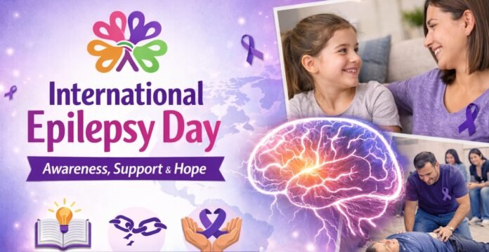 A promotional poster for International Epilepsy Day with a purple-toned world map background and floating purple ribbons. It features a glowing brain illustration and small images of a mother and daughter smiling, plus a man providing CPR. The text reads “International Epilepsy Day” and the subtitle “Awareness, Support & Hope.”