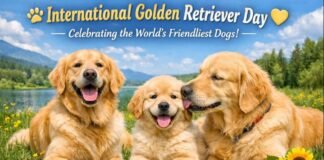 International Golden Retriever Day: Meaning & Ways Celebrate Three golden retrievers sit together in a sunny field with yellow flowers, a lake, trees, and distant mountains in the background. The banner text at the top reads "International Golden Retriever Day" with a paw print and a heart icon, and the subtitle "Celebrating the World's Friendliest Dogs!" International Golden Retriever Day
