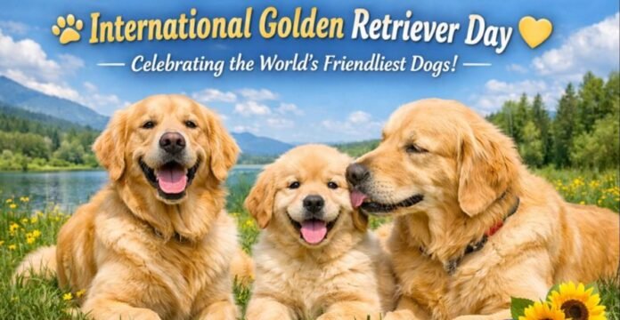 Three golden retrievers sit together in a sunny field with yellow flowers, a lake, trees, and distant mountains in the background. The banner text at the top reads 