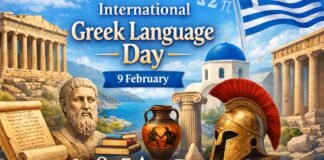 International Greek Language Day: History, Importance International Greek Language Day featured image showing Greek landmarks, ancient philosopher statue, Greek alphabet symbols, and the Greek flag on 9 February