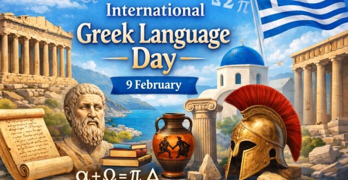 International Greek Language Day featured image showing Greek landmarks, ancient philosopher statue, Greek alphabet symbols, and the Greek flag on 9 February