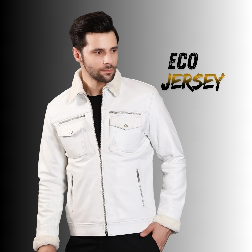 Luxury Dressed leather Jacket for MEN 2 A man wearing a white leather jacket with a shearling collar stands against a gradient gray background, looking to the side. The jacket features multiple zippered pockets and cuffs with fur trim.