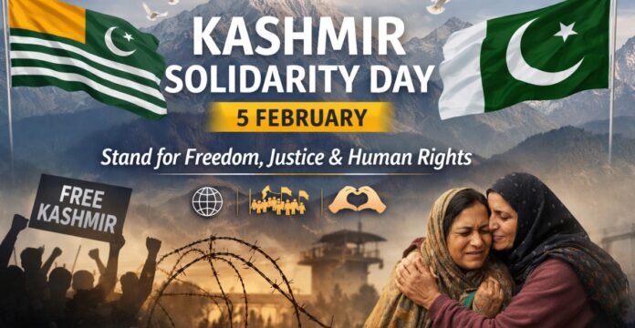 A Kashmir Solidarity Day poster showing a mountain backdrop, with the Kashmir and Pakistan flags in the corners. Prominent text reads “Kashmir Solidarity Day 5 February” and “Stand for Freedom, Justice & Human Rights.” Silhouetted protesters hold a “Free Kashmir” sign on the left, barbed wire in the foreground, and two grieving women embracing on the right. Kashmir Solidarity Day 5 February