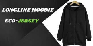 Longline Hoodie: Modern Fit, Extended Length & Style Guide A black longline hoodie hanging on a wooden rack against a dark geometric backdrop.