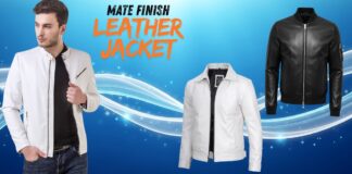 Matte Finish Leather Jacket for Men – Premium Modern Style Promotional collage featuring three leather jackets: a white zip-up jacket worn by a male model on the left, a white leather jacket in the center, and a black bomber-style leather jacket on the right, set against a blue background with flowing white light trails.