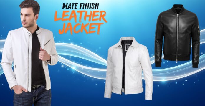 Promotional collage featuring three leather jackets: a white zip-up jacket worn by a male model on the left, a white leather jacket in the center, and a black bomber-style leather jacket on the right, set against a blue background with flowing white light trails.