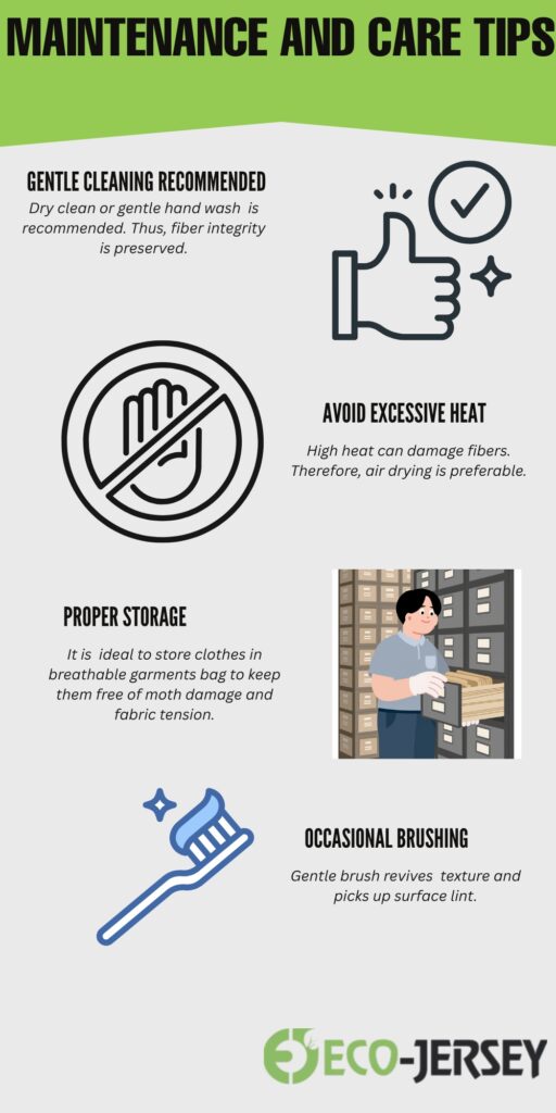 Felted Recycled Cashmere Fabric : Sustainable Fashion Trend 2 Infographic titled Maintenance and Care Tips with sections on Gentle Cleaning Recommended, Proper Storage, Avoid Excessive Heat, and Occasional Brushing. Each tip is paired with a simple illustration, and the Eco-Jersey logo appears at the bottom.