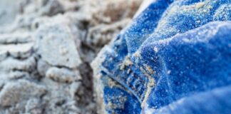 Cold-Blocking Fabric: The Key to Ultimate Winter Protection Alt text: Close-up of blue jeans with sand clinging to the fabric, draped against a blurred sandy background. Cold-Blocking Fabric: