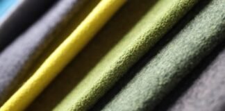 Why Alpine Therm Winter Fabric?Is Perfect for Harsh Winters Alt text: Close-up of layered, textured fabric in muted greens with a bright yellow strip, showcasing soft, fuzzy material. Why Alpine Therm Winter Fabric?