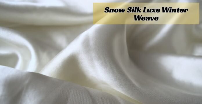 Alt text: Close-up of off-white silky fabric folded into soft curves with subtle shadows; a translucent yellow banner at the top overlays the image with bold text. Snow Silk Luxe Winter Weave: