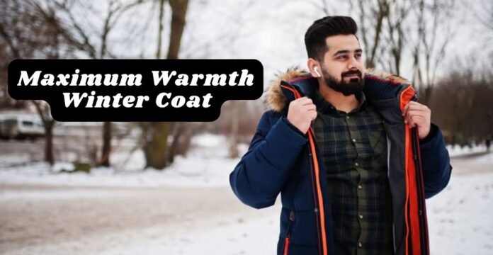 Alt text: A man outdoors in a snowy setting wearing a navy winter coat with a fur-lined hood. He is holding the coat open to reveal an orange lining and wearing a green plaid shirt underneath. Maximum Warmth Winter Coat Explained:
