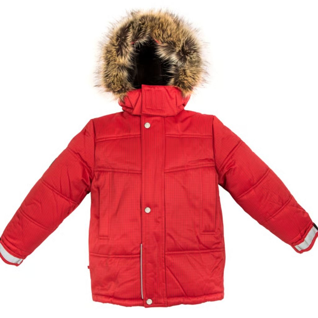 "Red hooded puffer jacket for a child with a fur-trimmed hood, long sleeves, and zipper front."

Ultra-Warm Thermal Winter Coat: