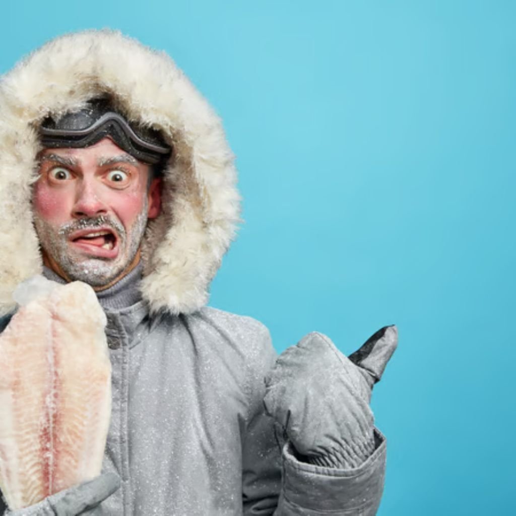 "Man dressed in a bulky winter parka with a fur-lined hood, wearing ski goggles, and holding a loaf of bread against a bright blue background. He has sparkly frost on his face and clothing and looks surprised."

Ultra-Warm Thermal Winter Coat: