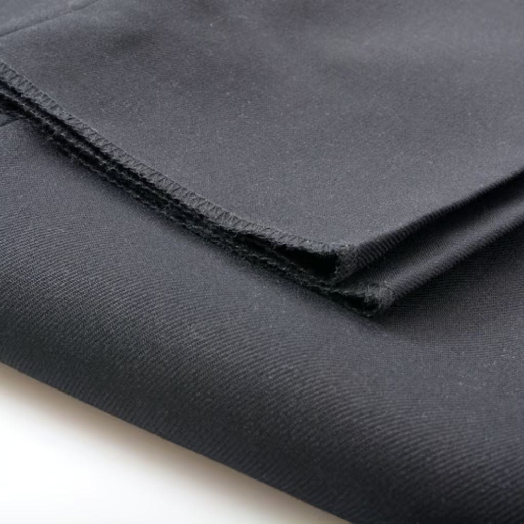 "Close-up of folded black fabric with a visible weave pattern and a serged edge; soft lighting highlights the smooth texture."

Swift Fit Dynamic Fabric:
